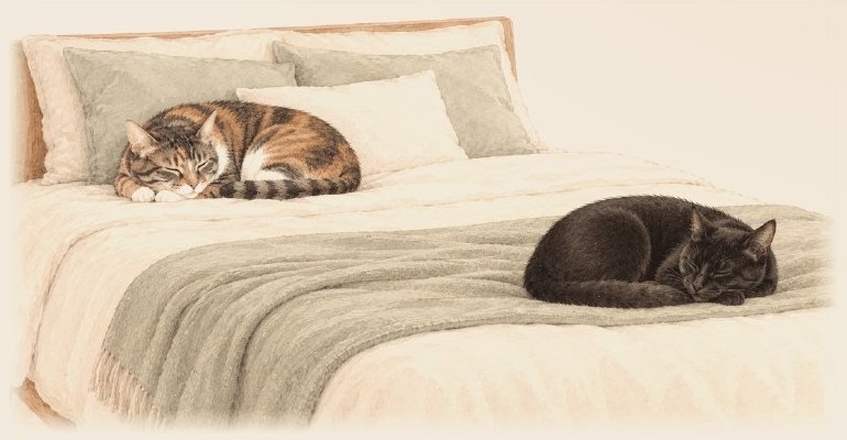 Ilustración en acuarela de Uma y Lila durmiendo sobre una cama